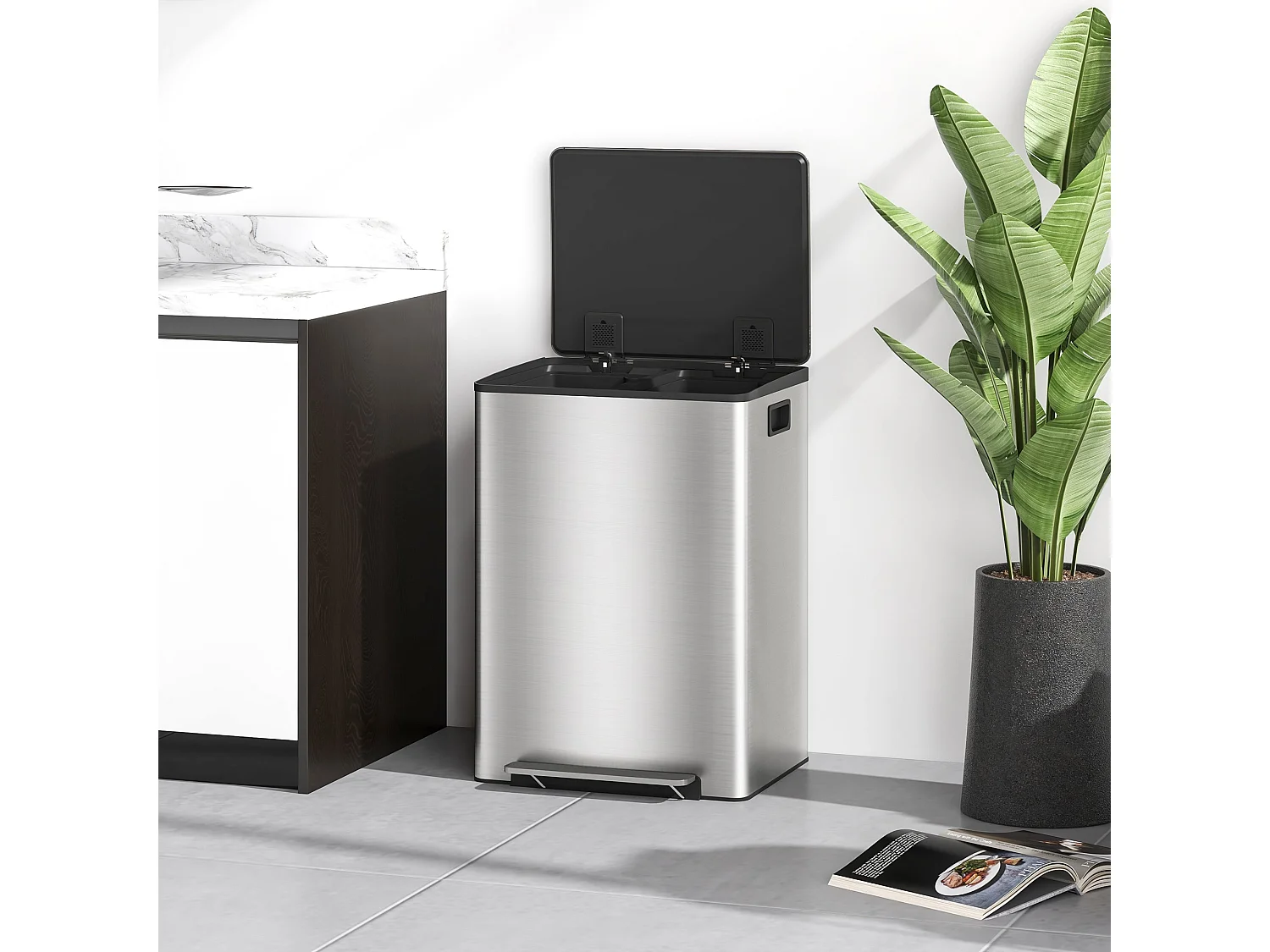 Lixeira de Cozinha HOMCOM com 2 Compartimentos de 30L em Aço Inoxidável com Pedal e Design Moderno