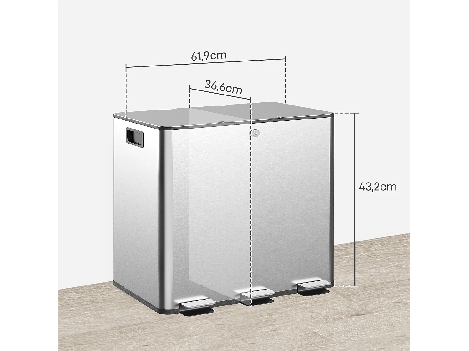 Balde de Lixo HOMCOM com 3 Compartimentos de 15L em Aço Inoxidável com Pedais e Tampas Suaves