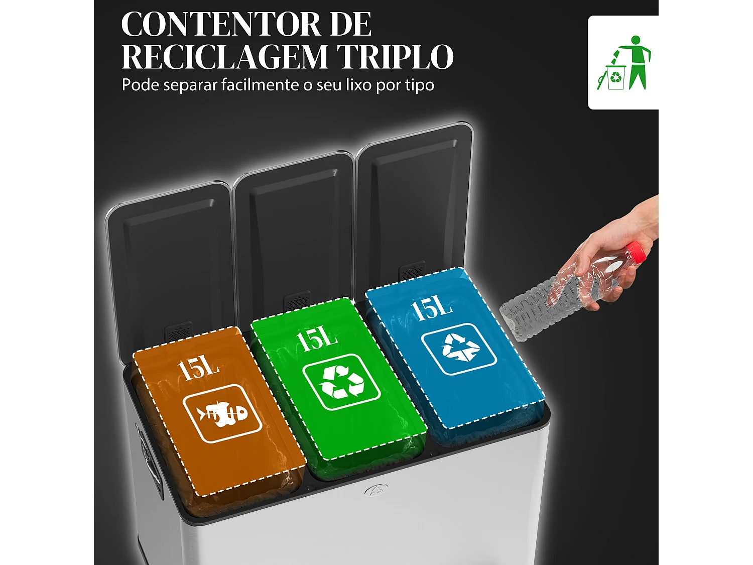 Balde de Lixo HOMCOM com 3 Compartimentos de 15L em Aço Inoxidável com Pedais e Tampas Suaves