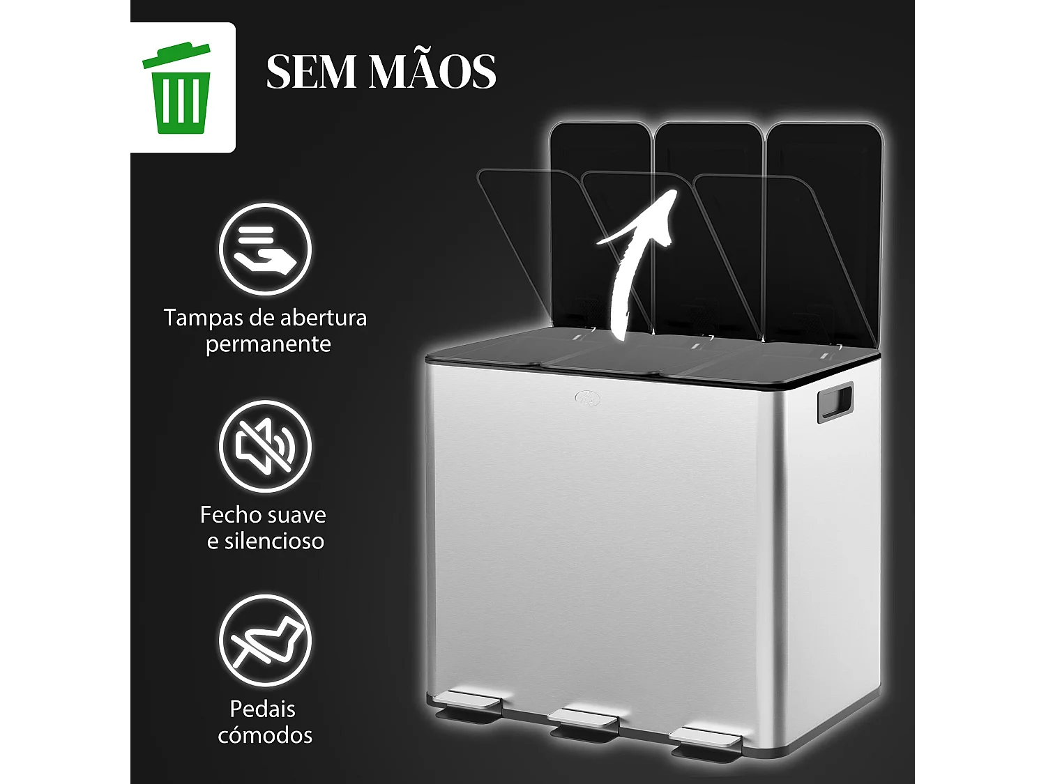 Balde de Lixo HOMCOM com 3 Compartimentos de 15L em Aço Inoxidável com Pedais e Tampas Suaves