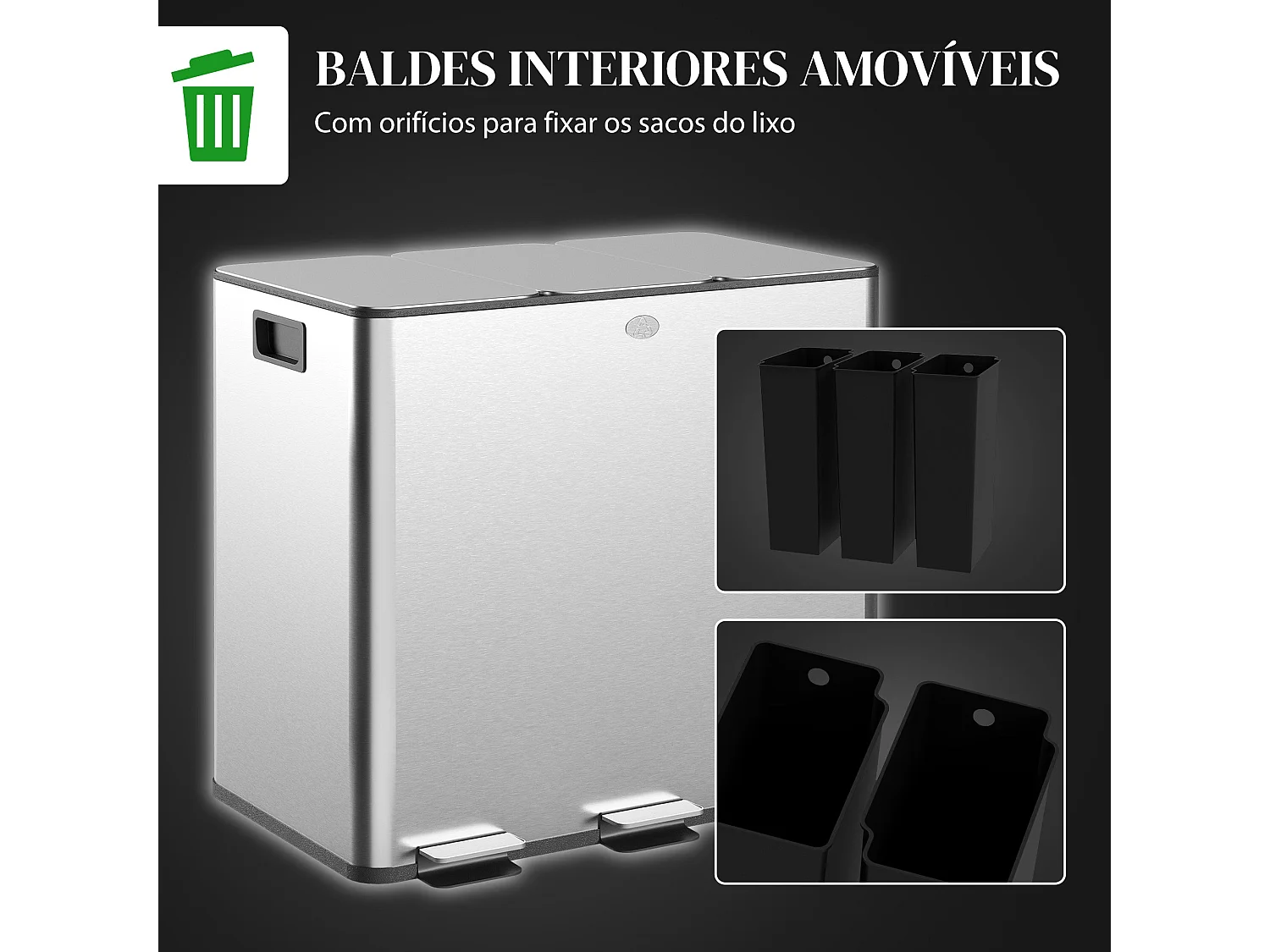Balde de Lixo HOMCOM com 3 Compartimentos de 15L em Aço Inoxidável com Pedais e Tampas Suaves