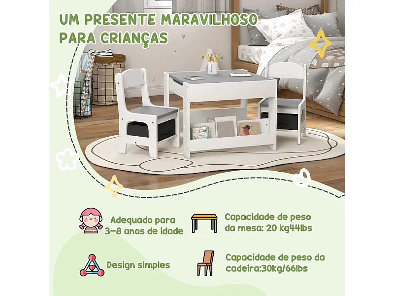 Conjunto de Mesa e Cadeiras Infantis 2 em 1 com Ardósia e Armazenamento - Cinza