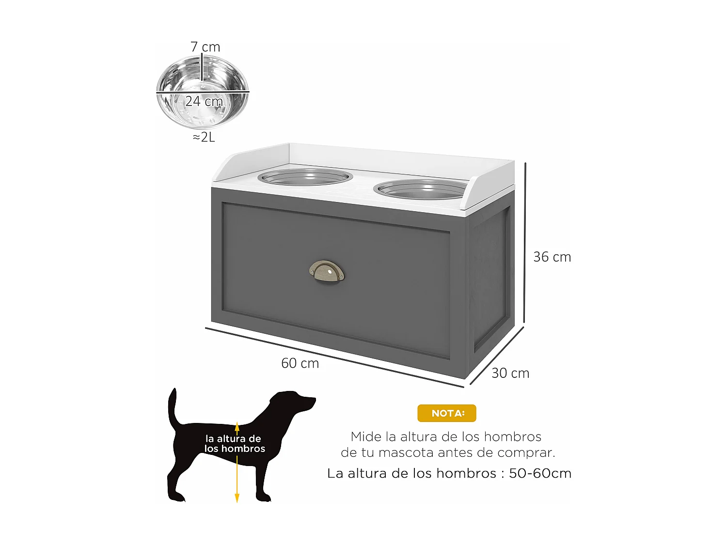 Comedouro Elevado PawHut para Cães com 2 Tigelas de Aço Inoxidável e Armazenamento Oculto