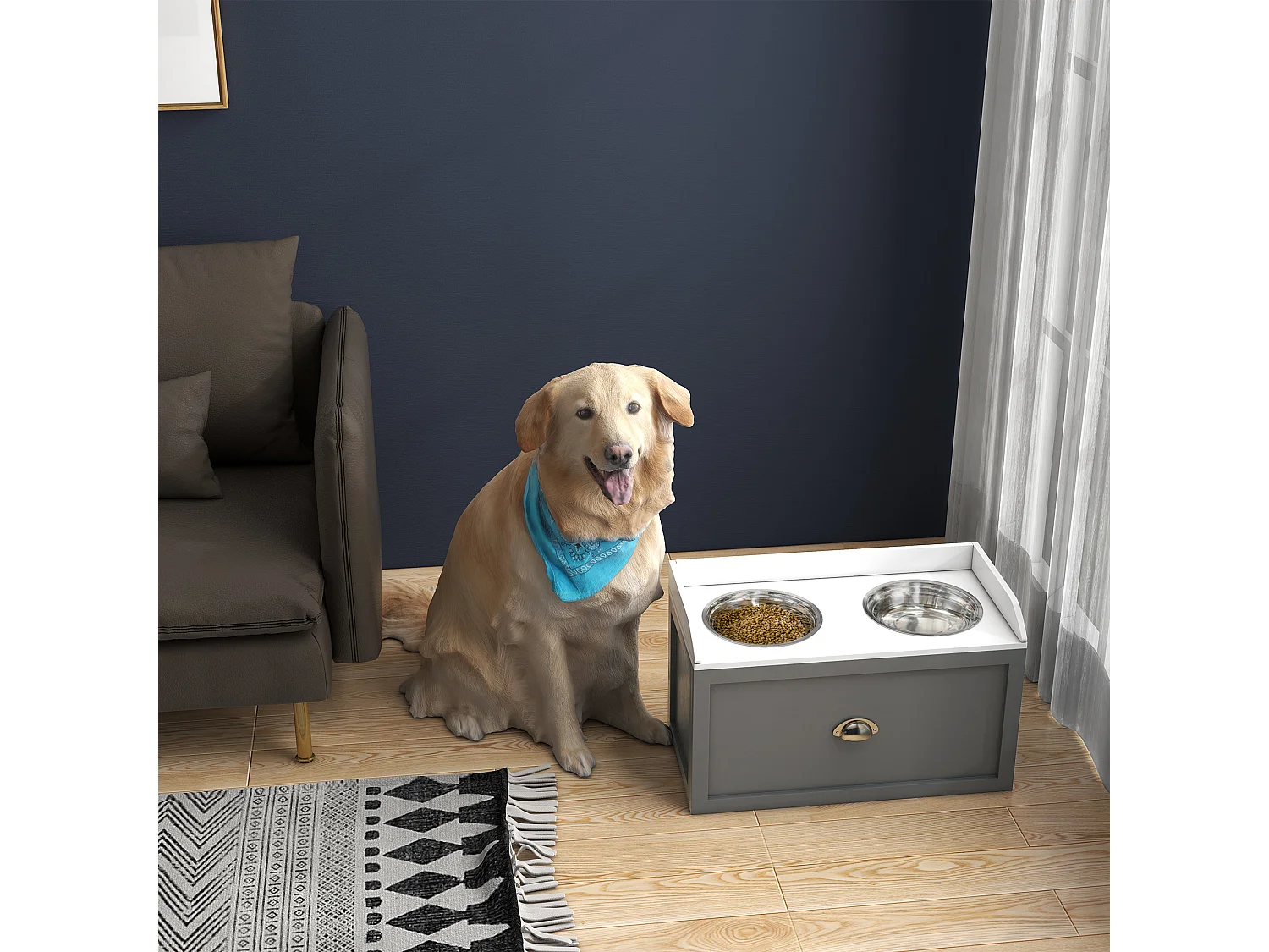 Comedouro Elevado PawHut para Cães com 2 Tigelas de Aço Inoxidável e Armazenamento Oculto