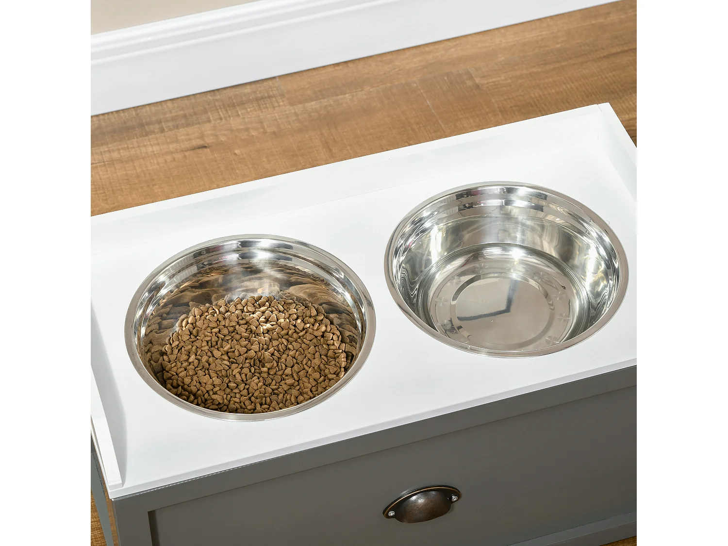 Comedouro Elevado PawHut para Cães com 2 Tigelas de Aço Inoxidável e Armazenamento Oculto