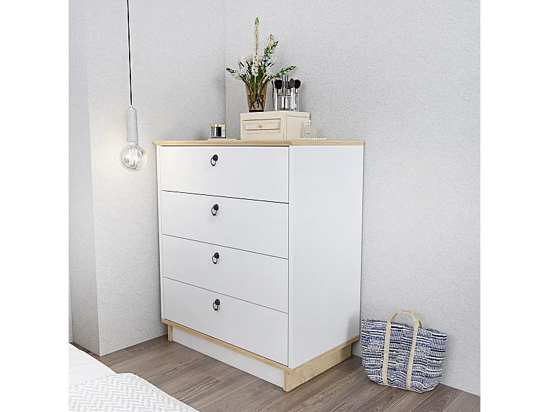 Cómoda Elysian de 4 Gavetas em Branco e Carvalho Claro - Estilo Nórdico 72x42x83.1 cm
