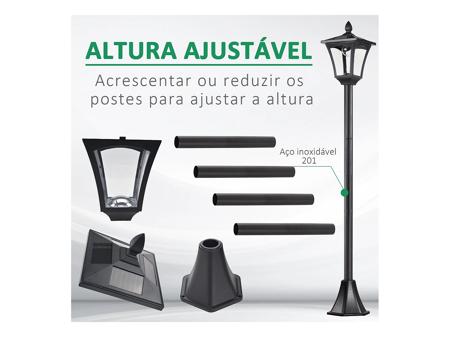 Candeeiro Solar para Jardim Outsunny com Painel Solar e Acendimento Automático - Preto 18x18x160 cm