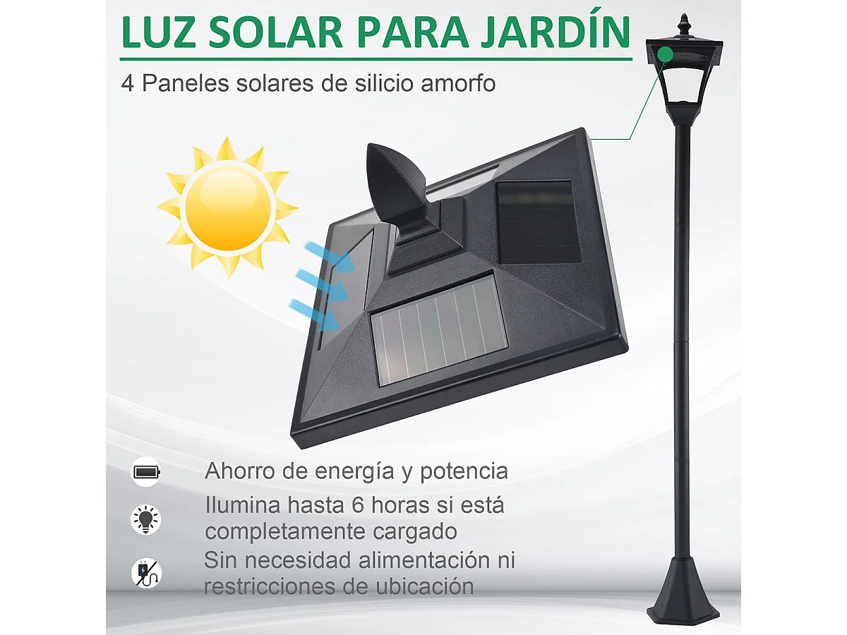 Farola solar Thom Outsunny 4 paneles 6000K negro 160x18x18 cm