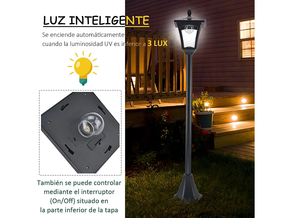 Farola solar Thom Outsunny 4 paneles 6000K negro 160x18x18 cm