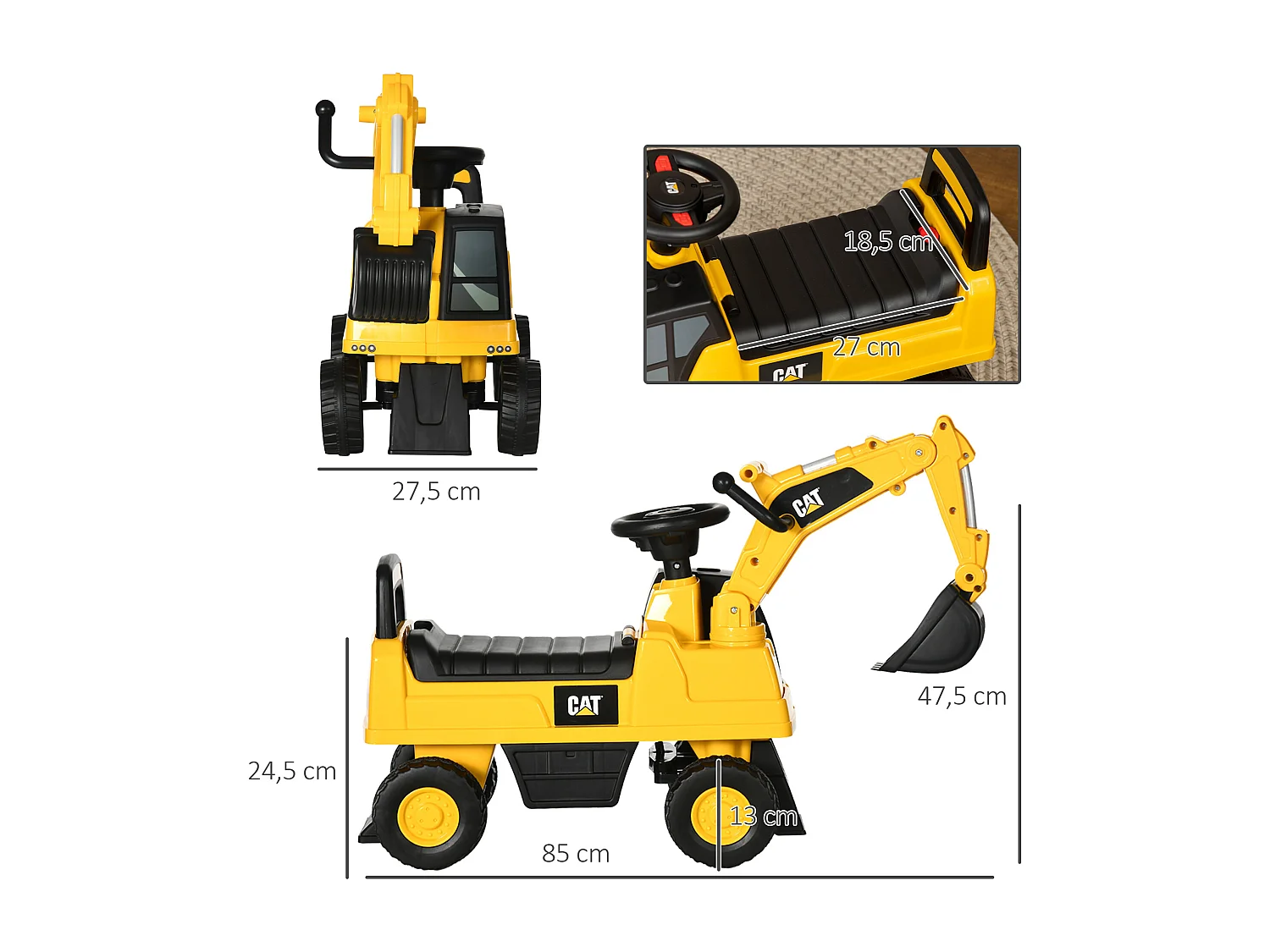 Escavadora Infantil HOMCOM Licenciada pela Caterpillar - Brinquedo para Crianças de 1 a 3 Anos