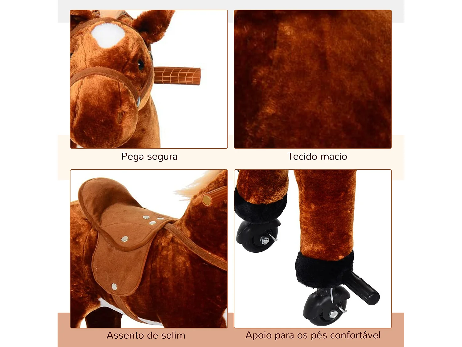 Cavalo de Brinquedo HOMCOM com Sons para Crianças a Partir de 3 Anos - Estrutura de Metal e Rodas