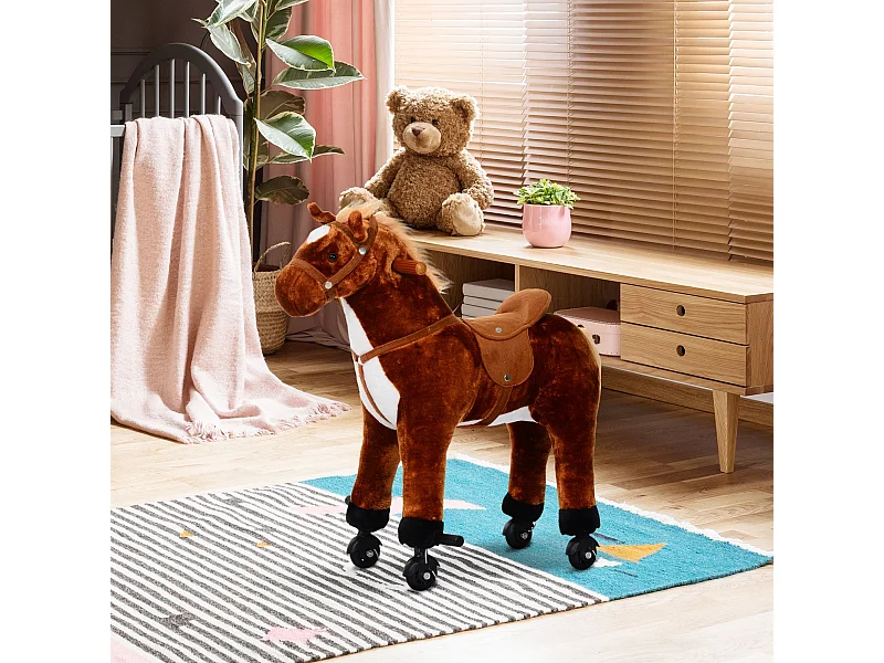 Cavalo de Brinquedo HOMCOM com Sons para Crianças a Partir de 3 Anos - Estrutura de Metal e Rodas