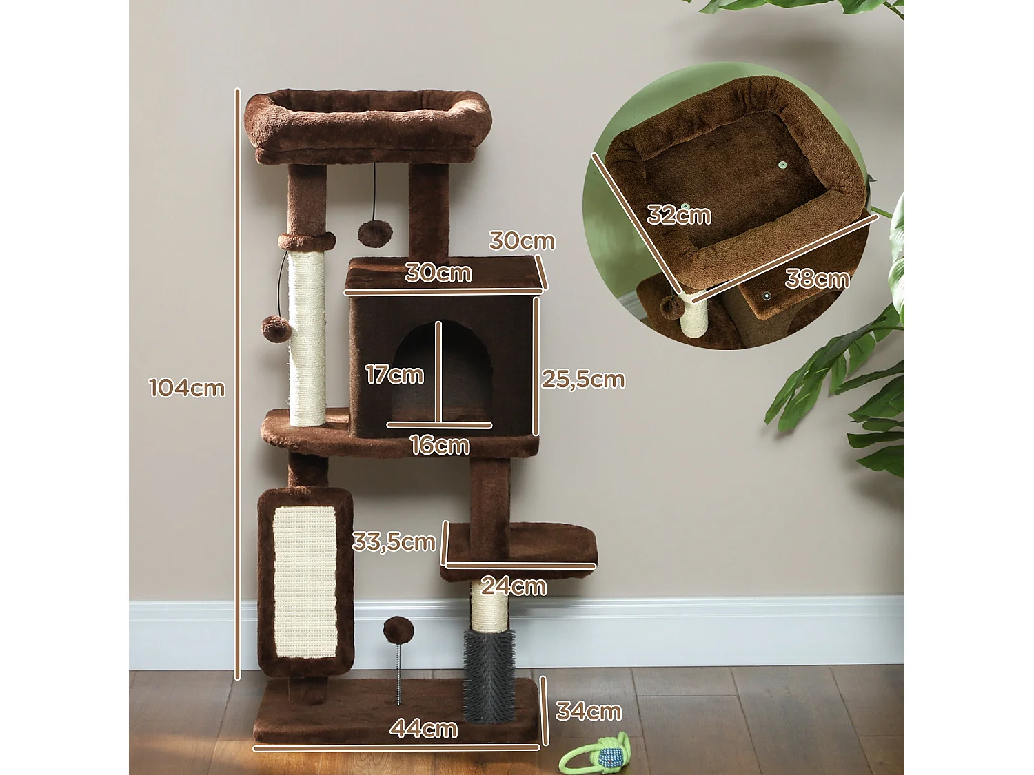 Arranhador para Gatos PawHut com Cama, Caverna e Brinquedos - 104 cm Marrom
