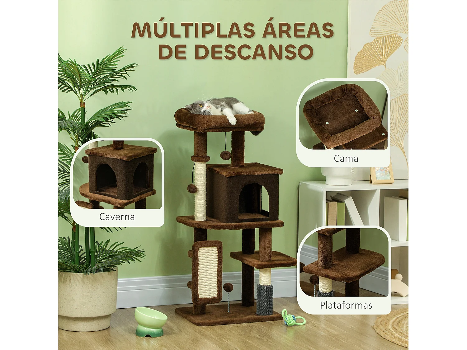 Arranhador para Gatos PawHut com Cama, Caverna e Brinquedos - 104 cm Marrom
