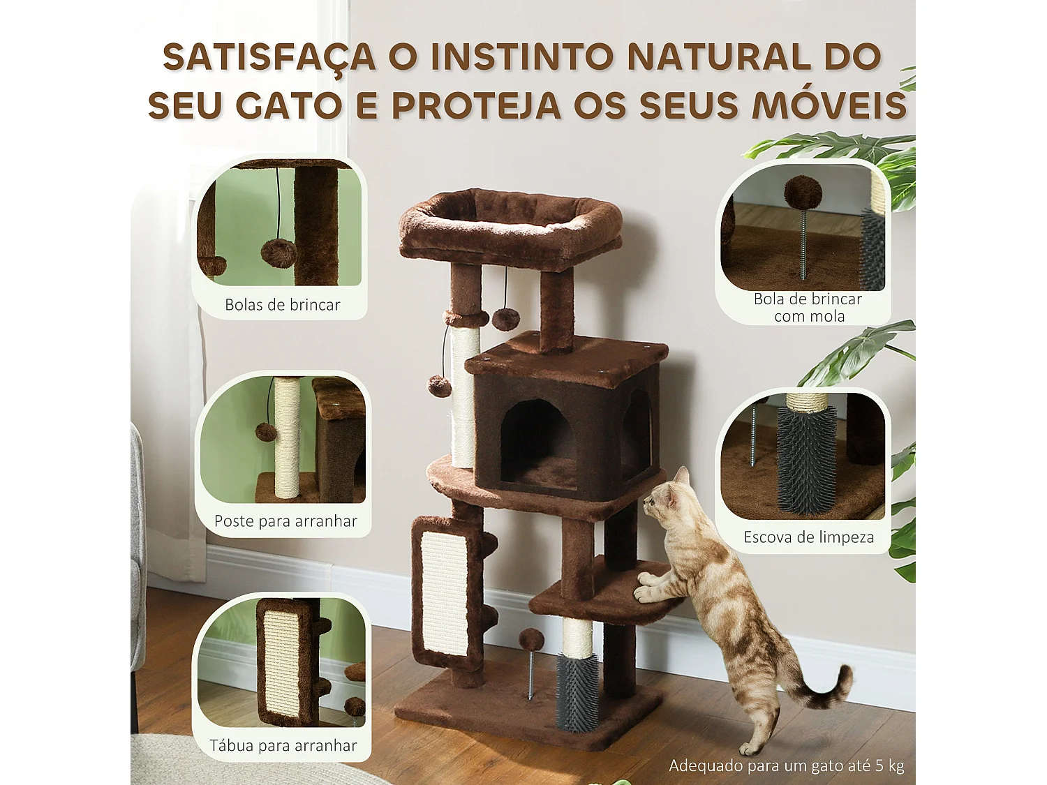 Arranhador para Gatos PawHut com Cama, Caverna e Brinquedos - 104 cm Marrom