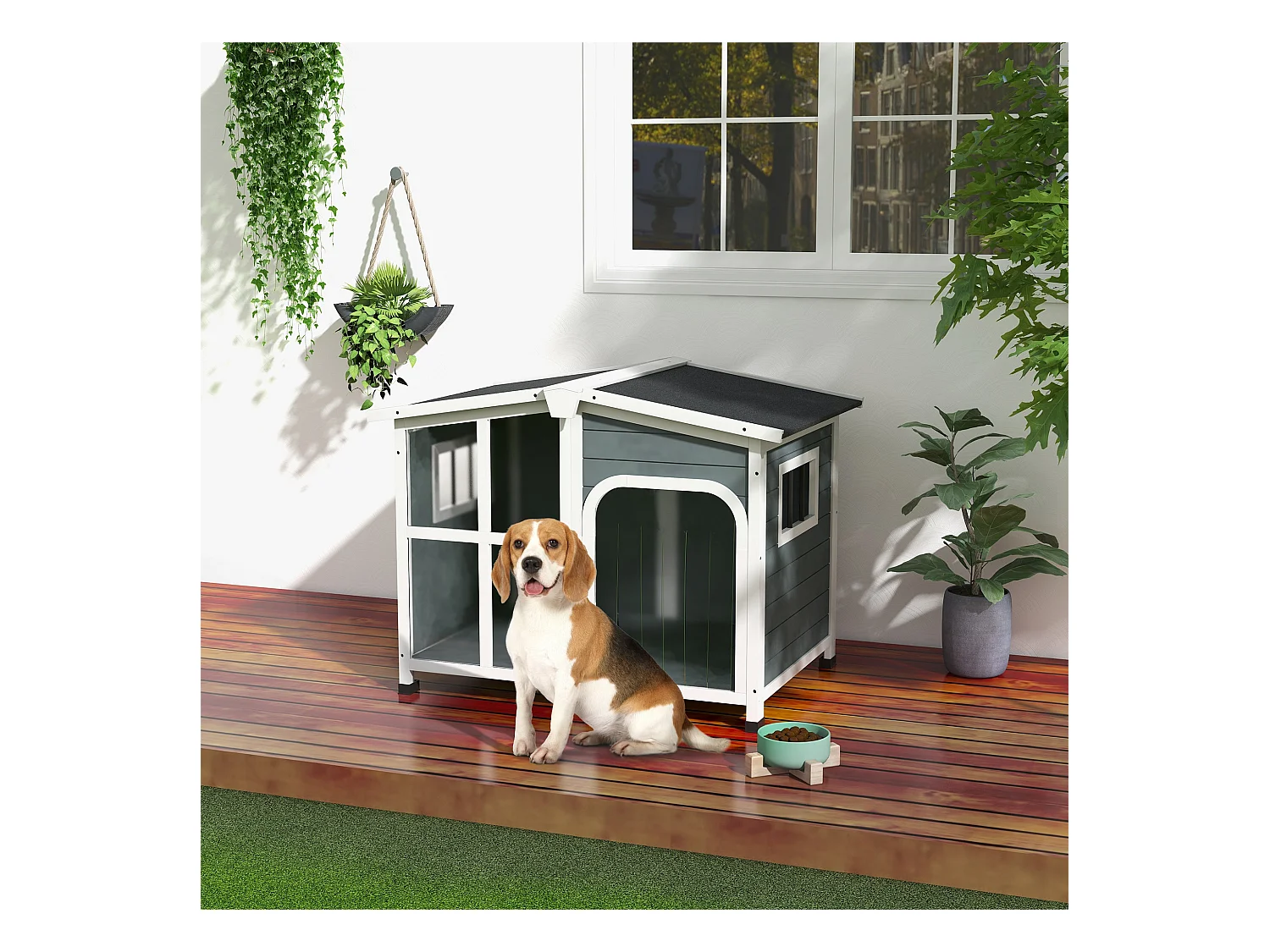 PawHut Casa para Cães de Madeira com Teto Abatível e Porta com Cortina - 101x66,5x70,5cm
