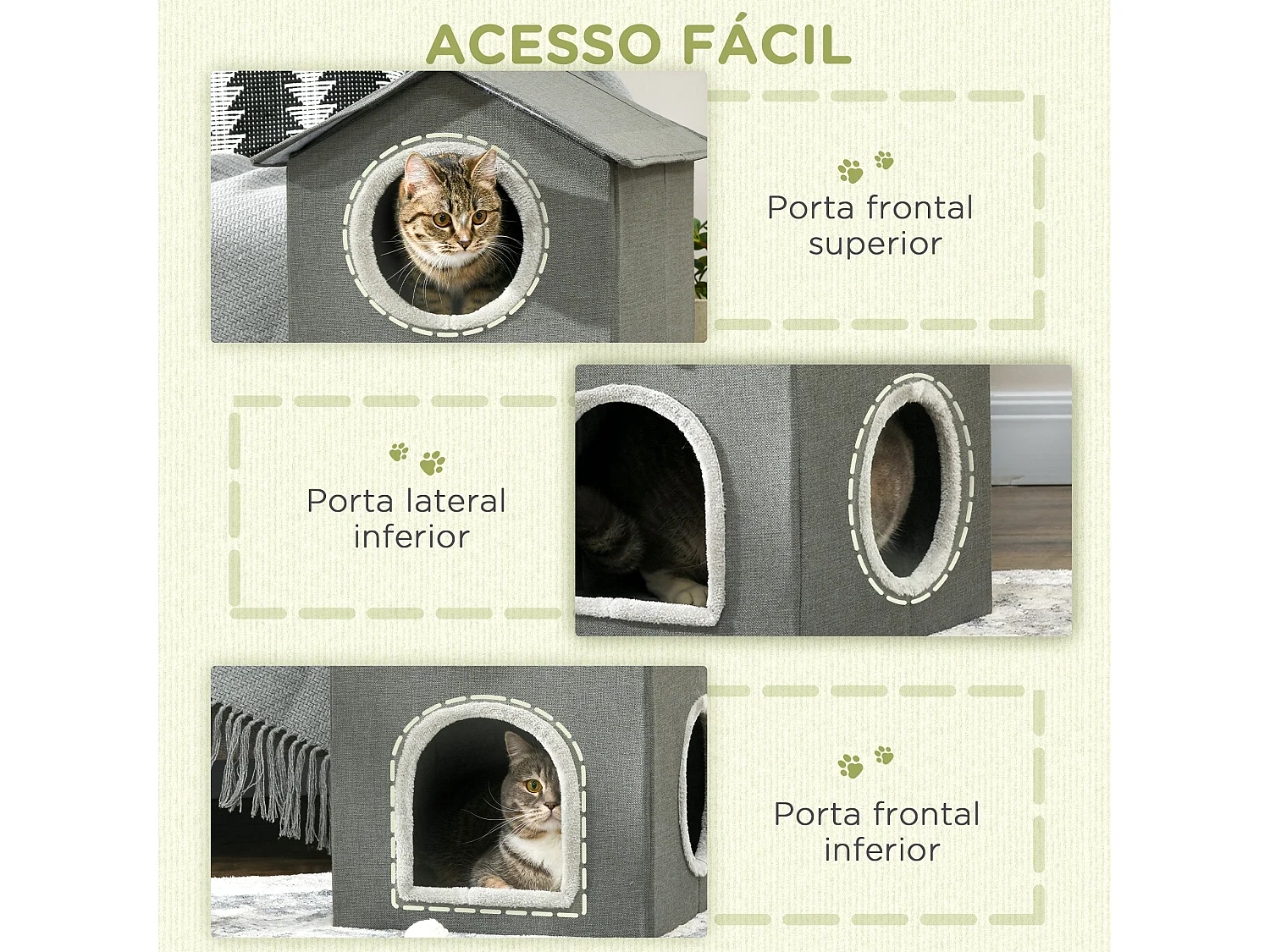 Caseta para gatos Soft PawHut 1 puerta + 2 ventanas + 2 cojines gris 59,5x42x46 cm