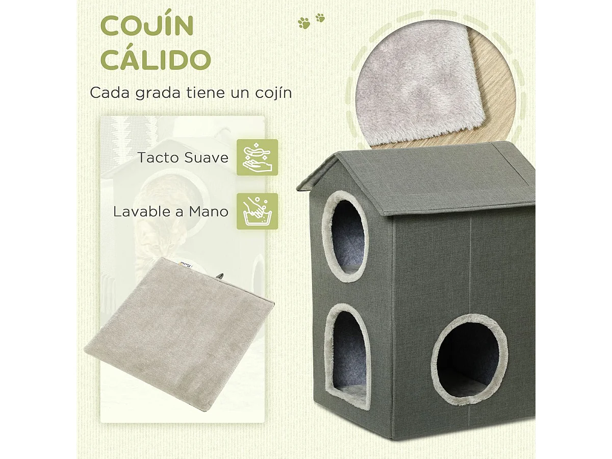 Caseta para gatos Soft PawHut 1 puerta + 2 ventanas + 2 cojines gris 59,5x42x46 cm