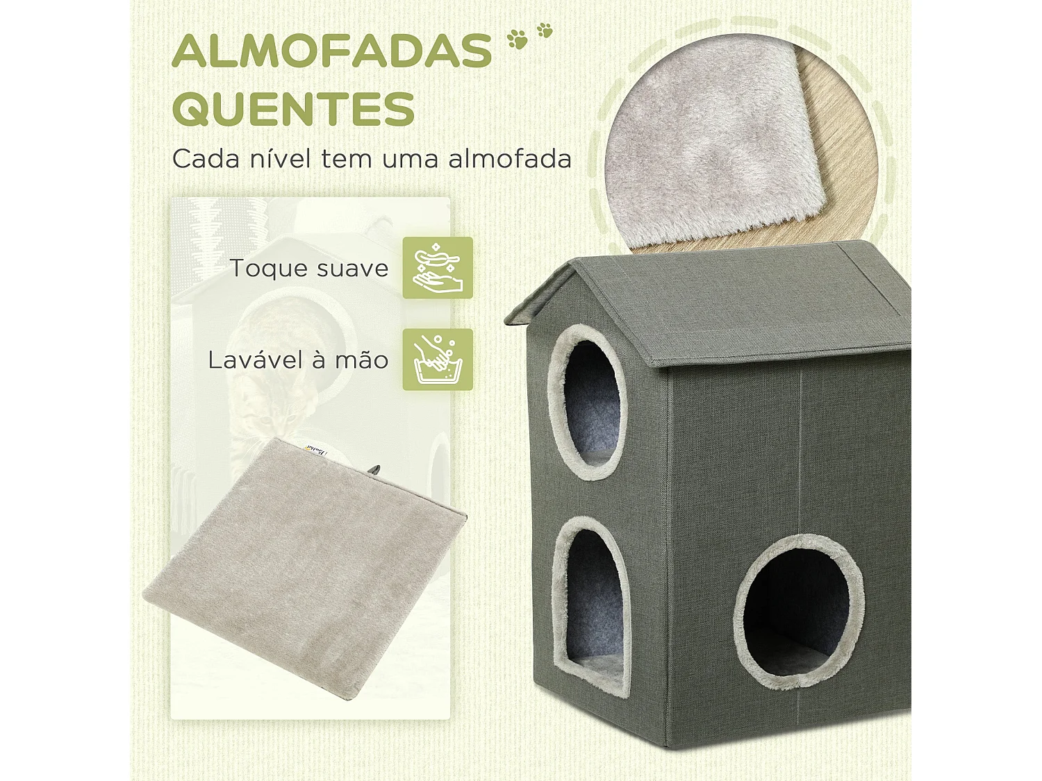 PawHut Casinha para Gatos de 2 Níveis com Almofadas Laváveis e 3 Entradas - Cinza 42x46x59,5 cm