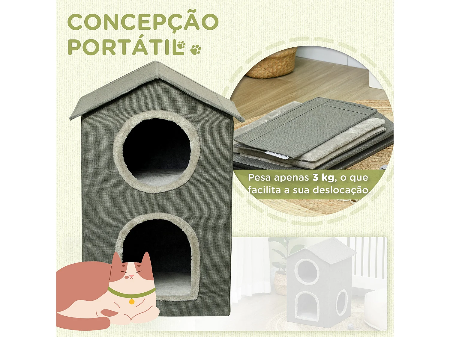 PawHut Casinha para Gatos de 2 Níveis com Almofadas Laváveis e 3 Entradas - Cinza 42x46x59,5 cm