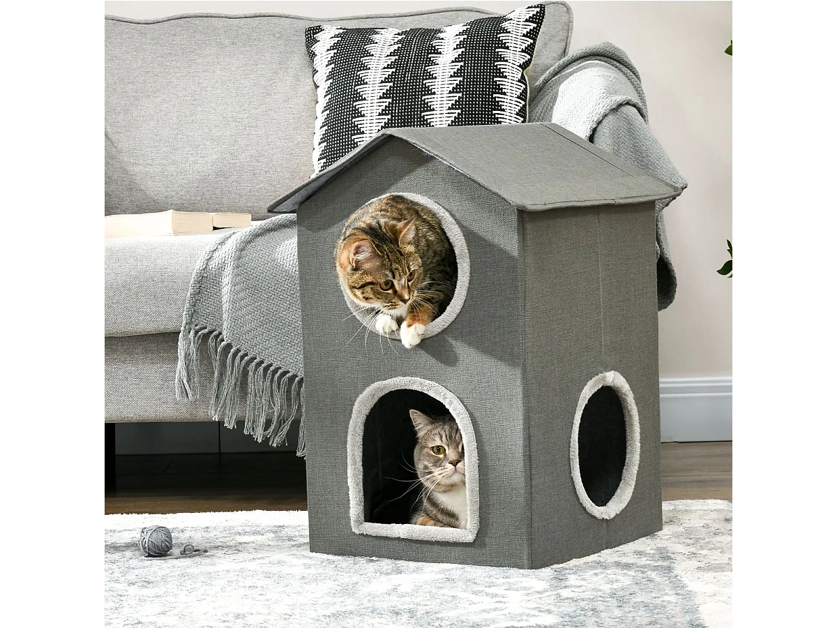 PawHut Casinha para Gatos de 2 Níveis com Almofadas Laváveis e 3 Entradas - Cinza 42x46x59,5 cm