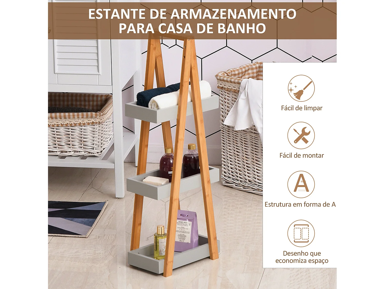 Estantería Dubai Kleankin 3 niveles gris/natural 81x30x18 cm