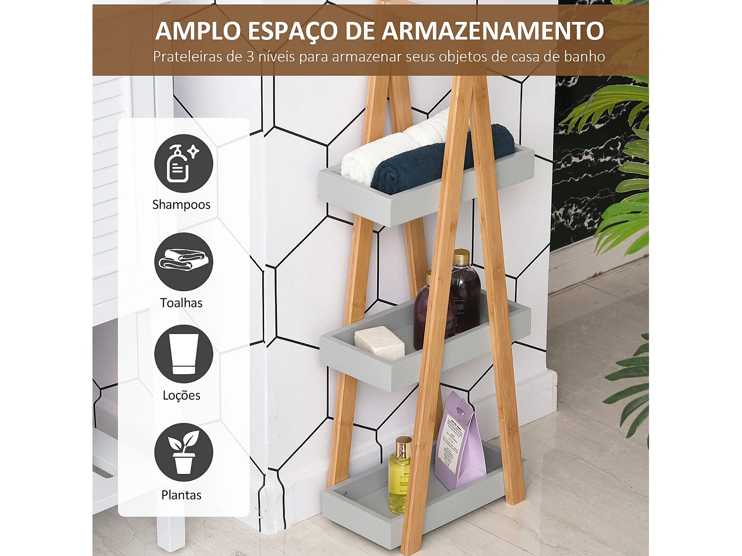 Estantería Dubai Kleankin 3 niveles gris/natural 81x30x18 cm