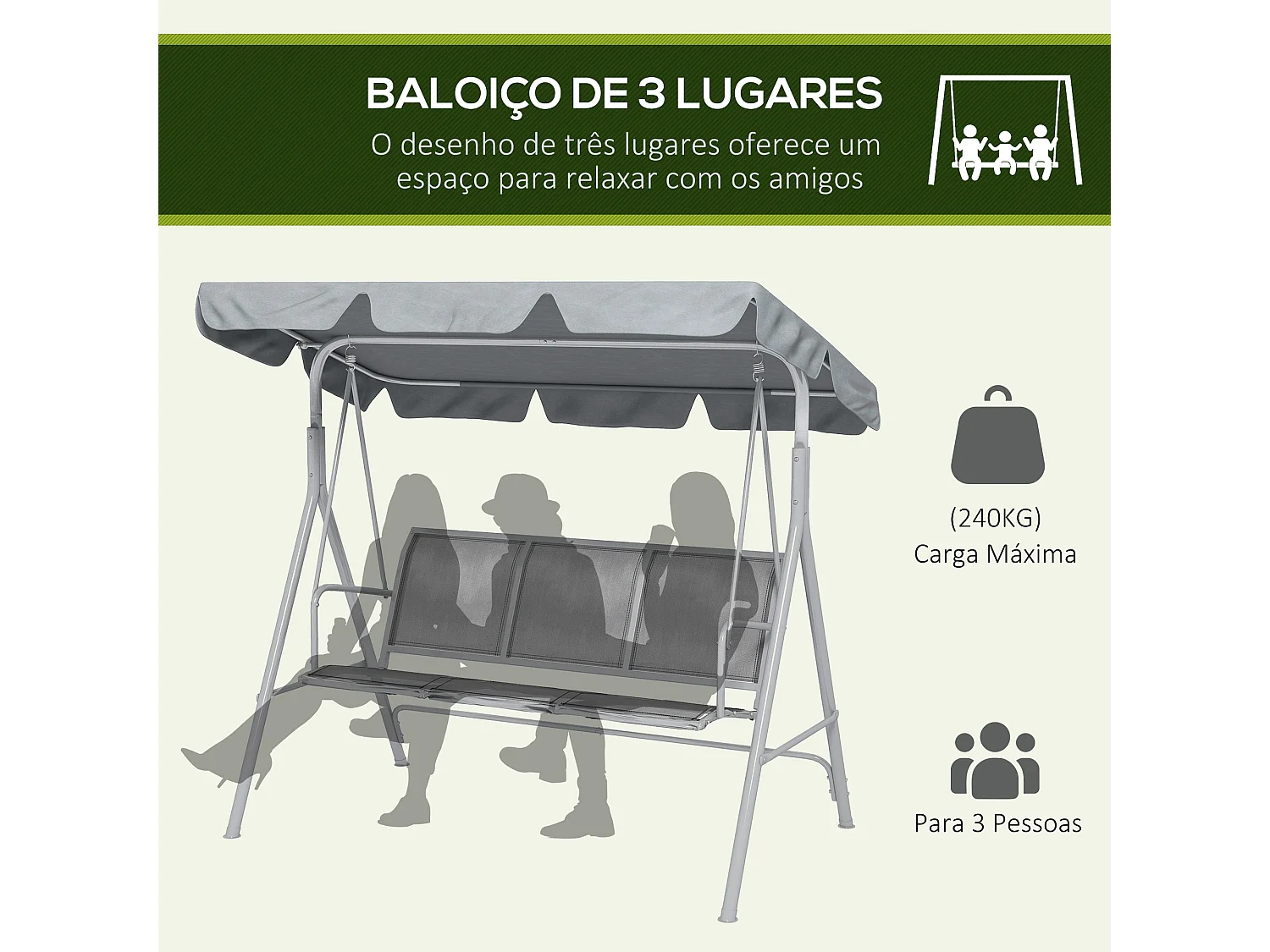 Baloiço de Jardim Outsunny para 3 Pessoas com Toldo Ajustável e Estrutura Metálica