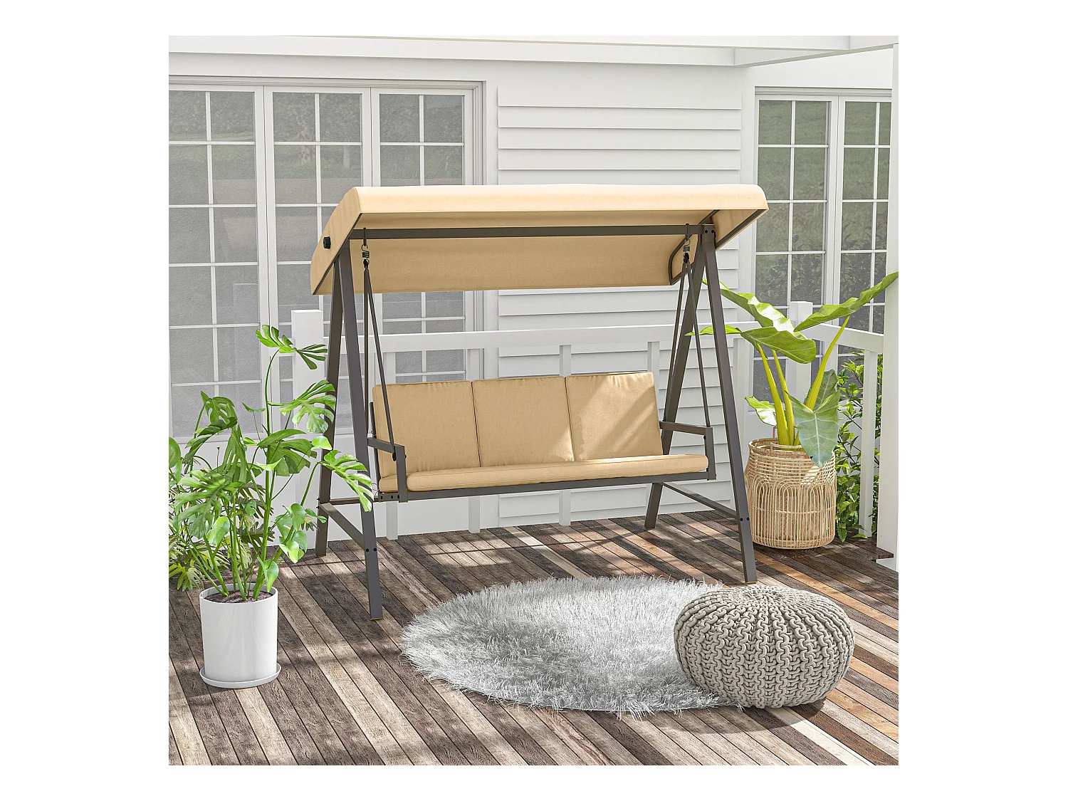 Banco balancín Lipsi Outsunny 3 plazas toldo ajustable crema 175x200x125 cm