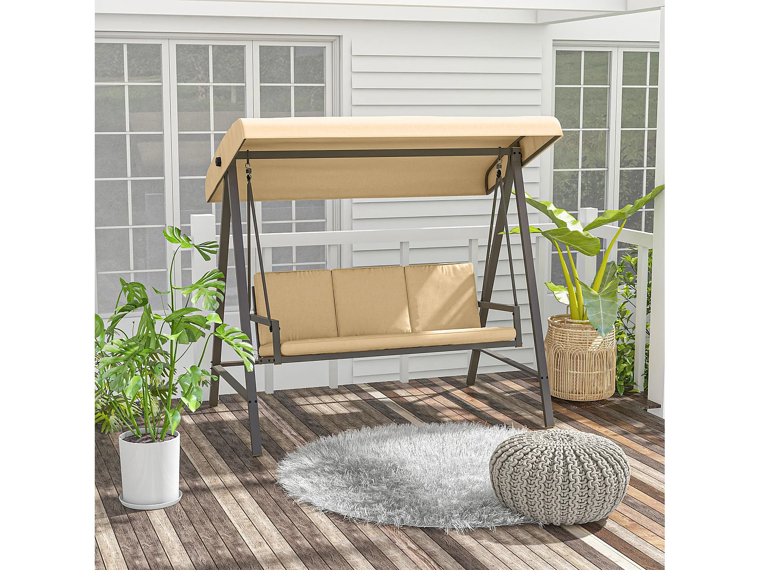 Outsunny Baloiço de Jardim para 3 Pessoas com Toldo Ajustável e Almofadas Removíveis - Bege