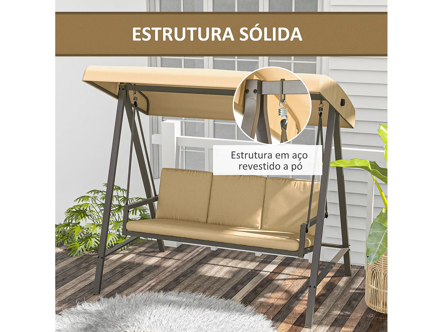Outsunny Baloiço de Jardim para 3 Pessoas com Toldo Ajustável e Almofadas Removíveis - Bege