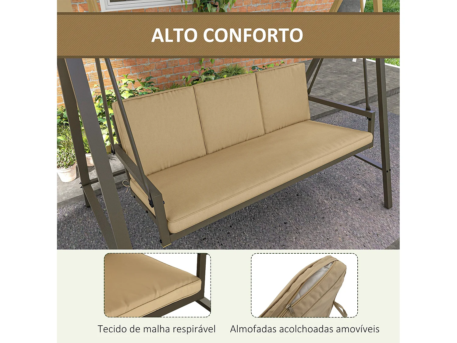 Outsunny Baloiço de Jardim para 3 Pessoas com Toldo Ajustável e Almofadas Removíveis - Bege
