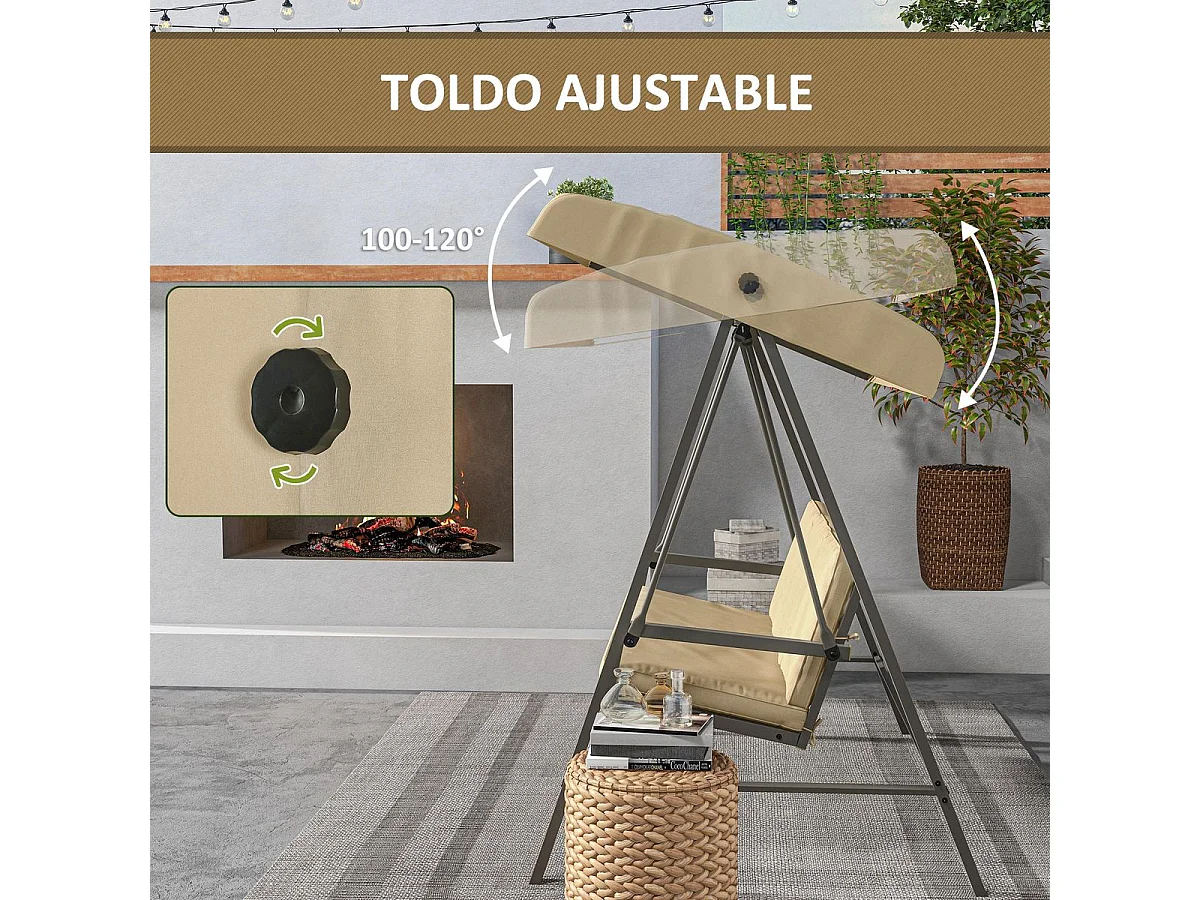 Outsunny Baloiço de Jardim para 3 Pessoas com Toldo Ajustável e Almofadas Removíveis - Bege