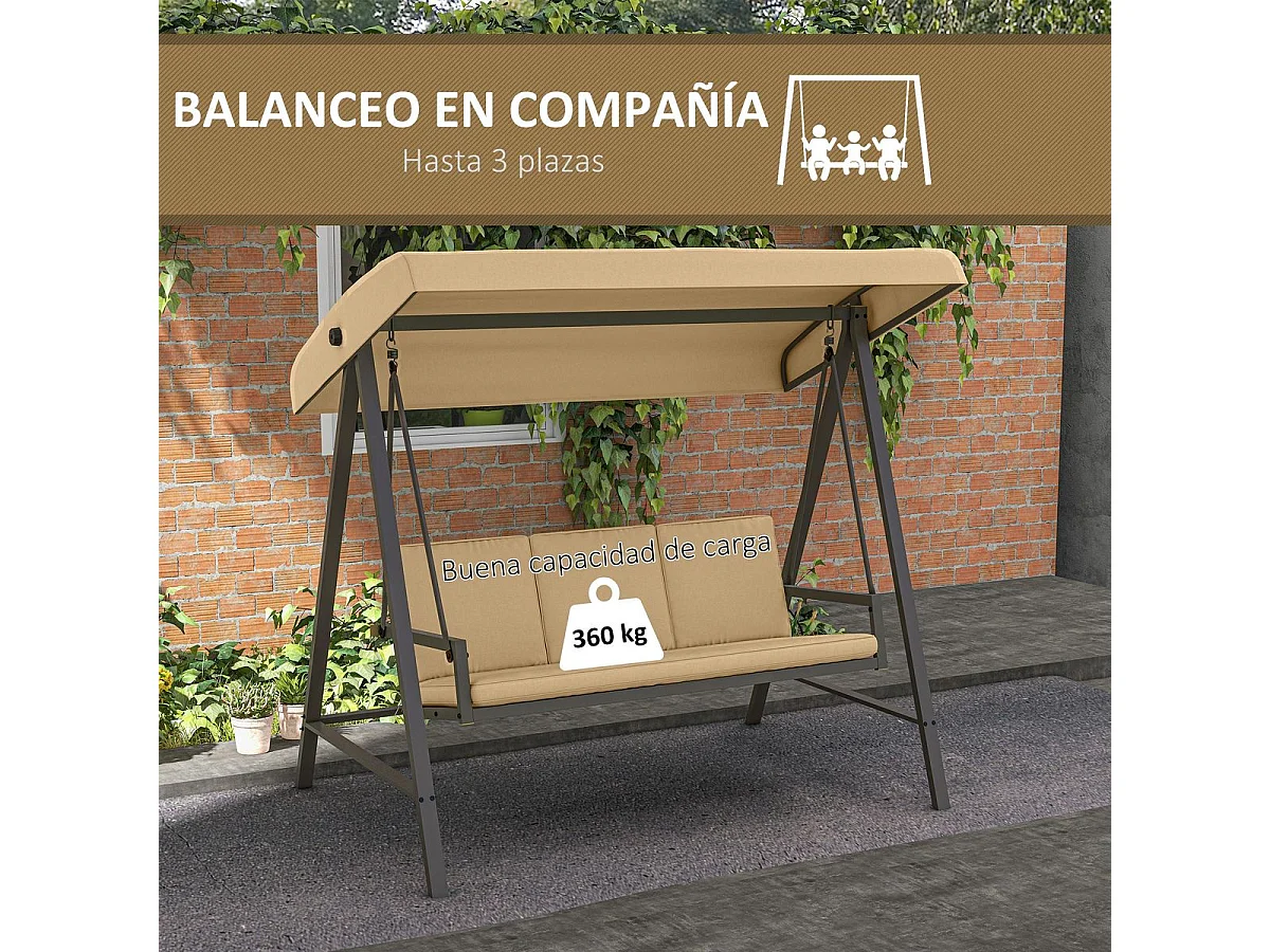 Outsunny Baloiço de Jardim para 3 Pessoas com Toldo Ajustável e Almofadas Removíveis - Bege