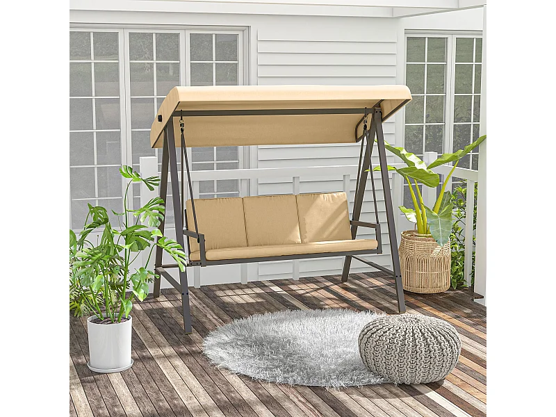 Banco balancín Lipsi Outsunny 3 plazas toldo ajustable crema 175x200x125 cm