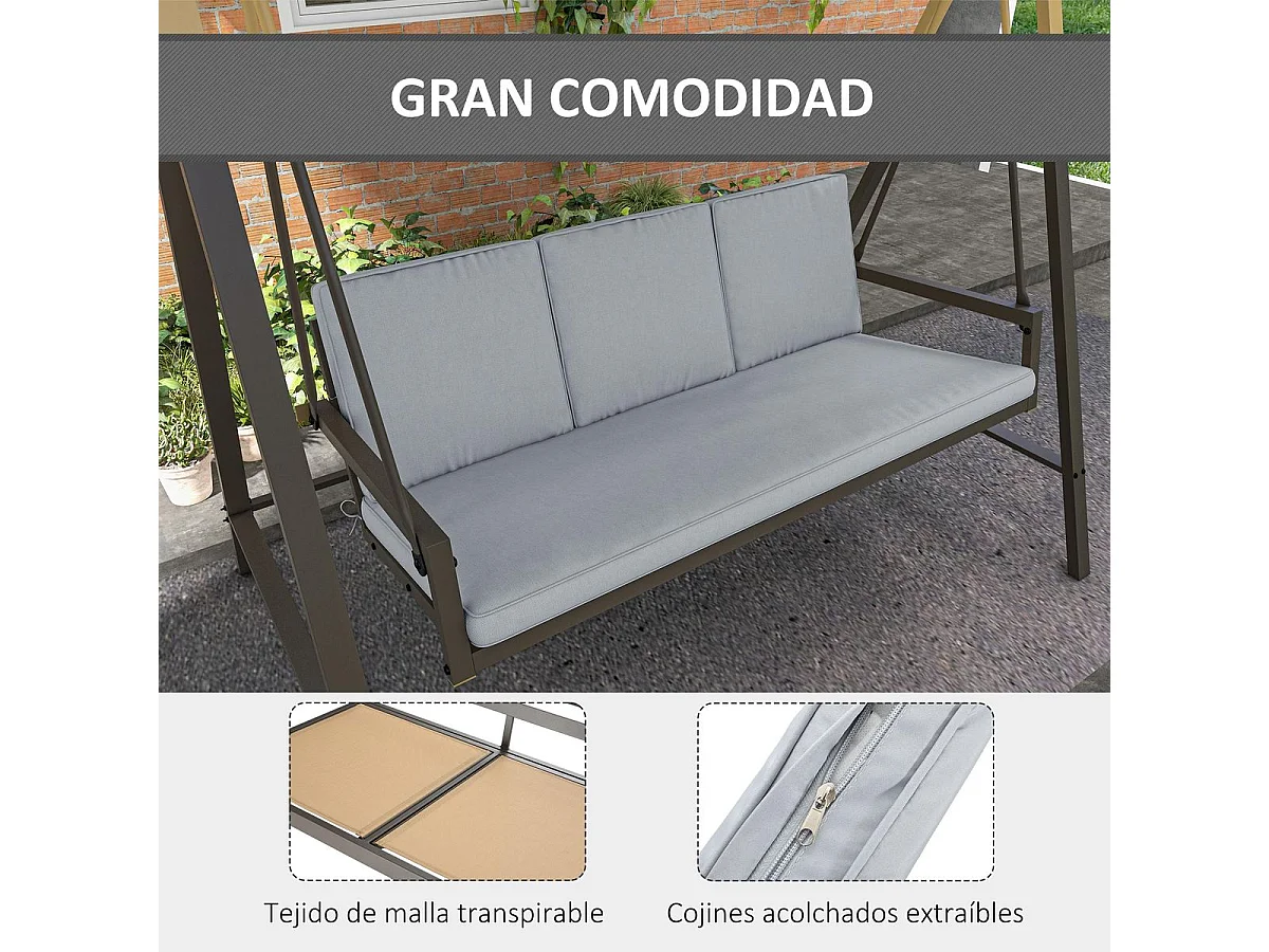 Columpio de jardín Madeira 3 plazas con toldo ajustable gris 175x200x125 cm
