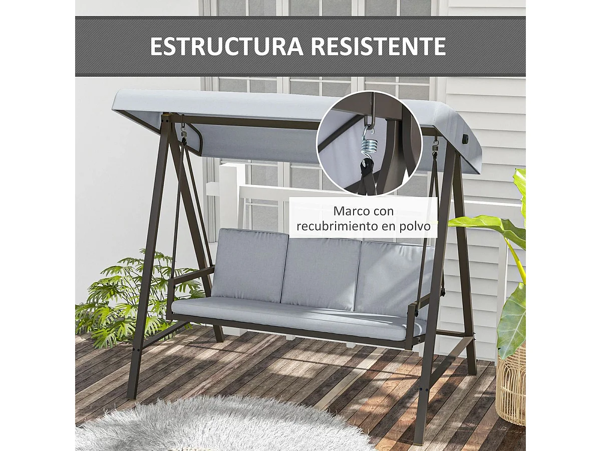 Columpio de jardín Madeira 3 plazas con toldo ajustable gris 175x200x125 cm