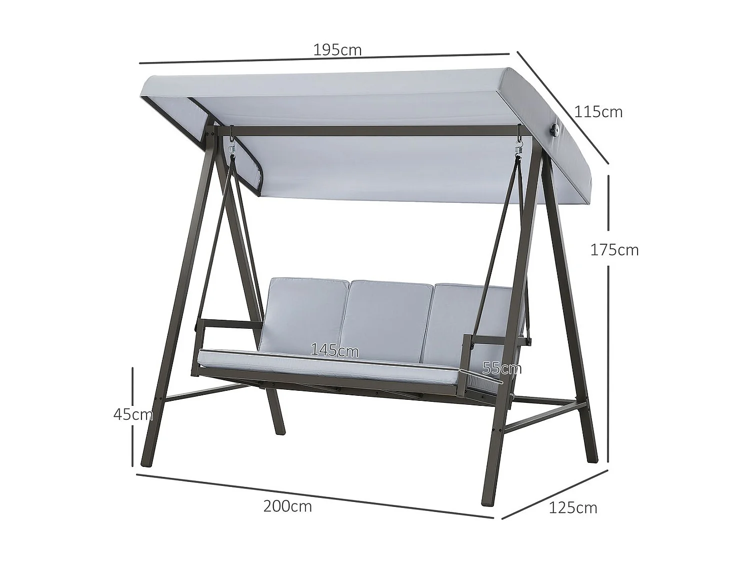 Columpio de jardín Madeira 3 plazas con toldo ajustable gris 175x200x125 cm