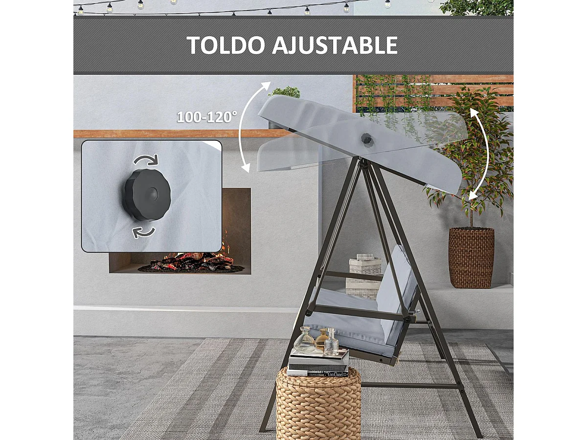 Columpio de jardín Madeira 3 plazas con toldo ajustable gris 175x200x125 cm