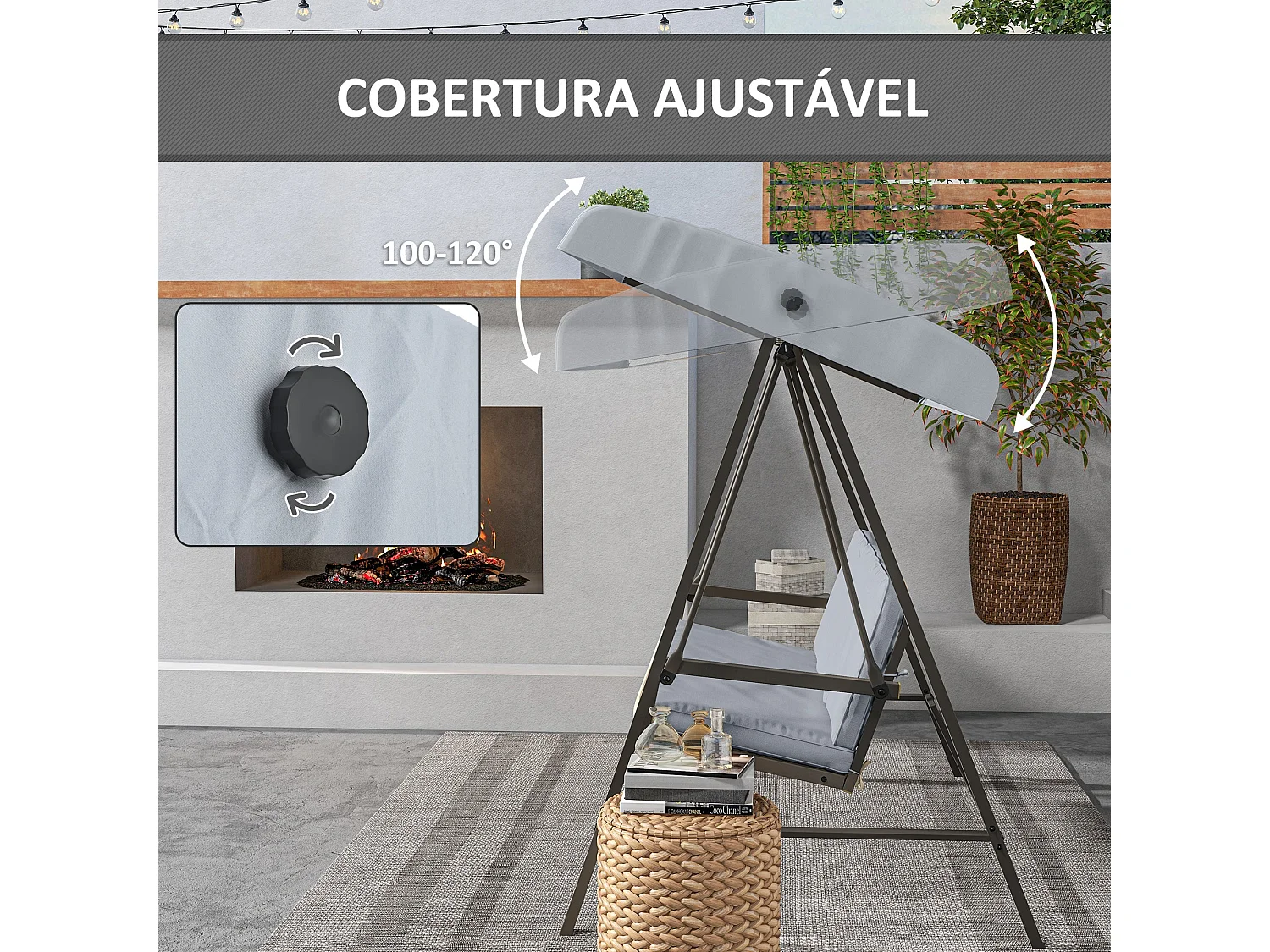 Columpio de jardín Madeira 3 plazas con toldo ajustable gris 175x200x125 cm