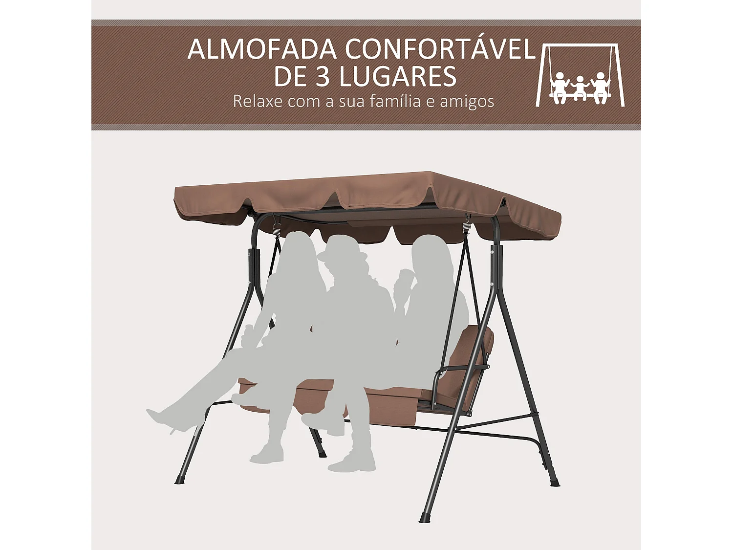 Baloiço de Jardim Outsunny para 3 Pessoas com Almofada e Toldo Ajustável - Estrutura de Aço Resistente