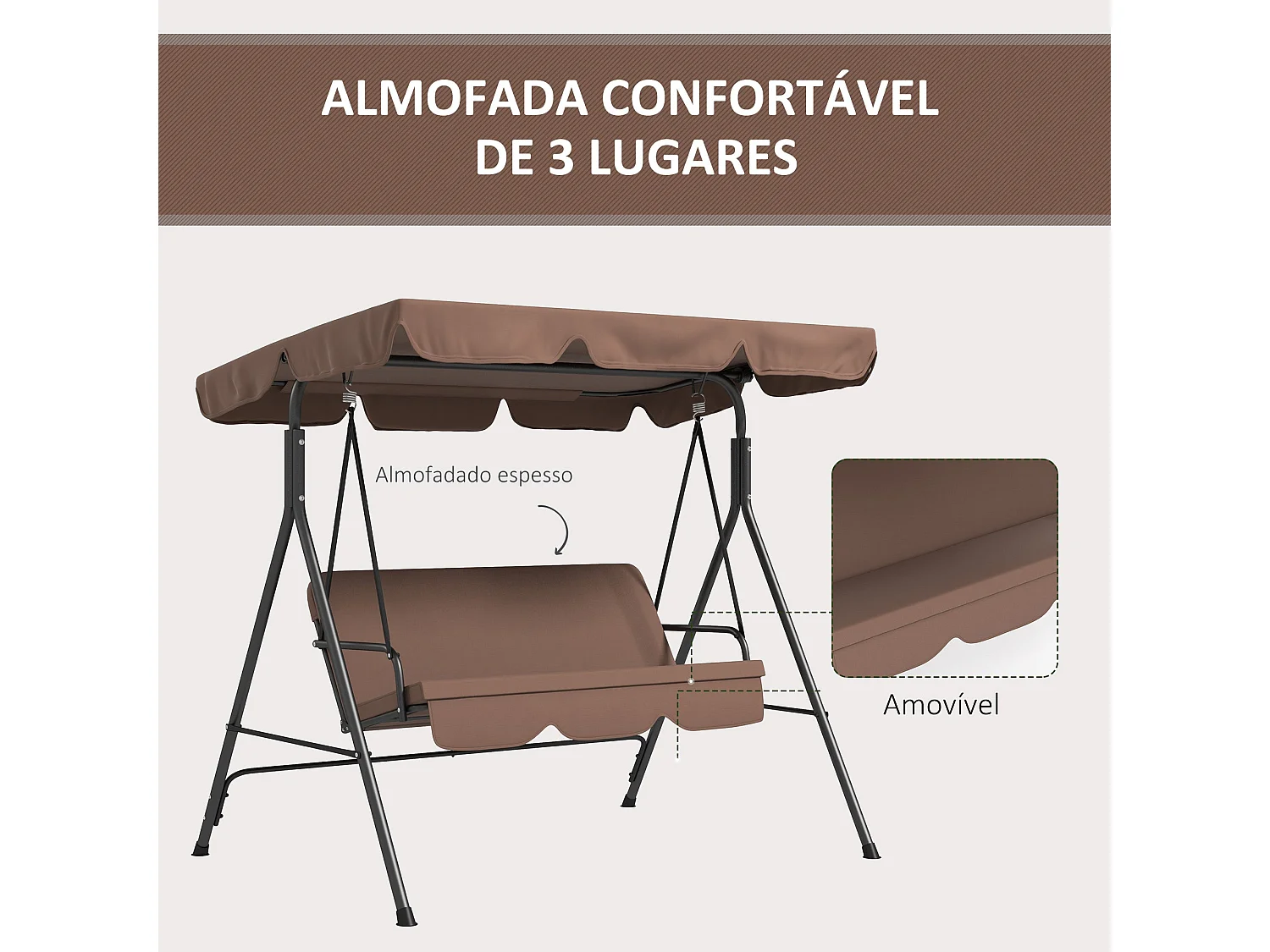 Baloiço de Jardim Outsunny para 3 Pessoas com Almofada e Toldo Ajustável - Estrutura de Aço Resistente