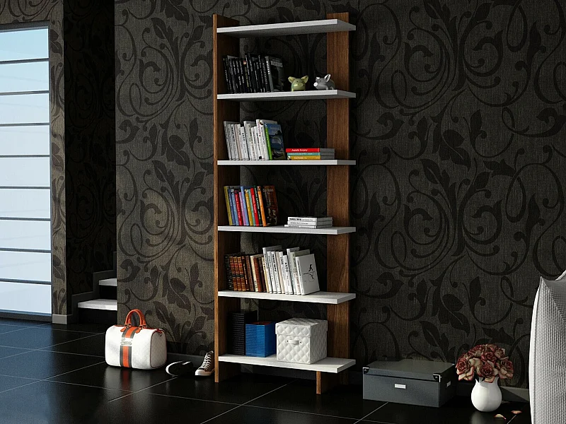 Nowoczesny regał na książki – 46,8 x 21,3 x 170 cm – Kolor biały i orzechowy – Płyta wiórowa pokryta melaminą