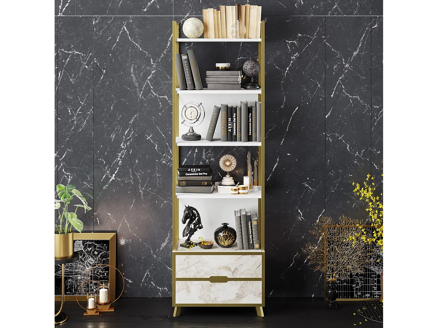 Estante Moderna Frida 60 cm em Branco com Acabamento em Mármore