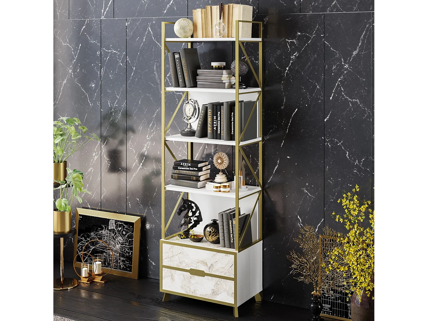 Estante Moderna Frida 60 cm em Branco com Acabamento em Mármore