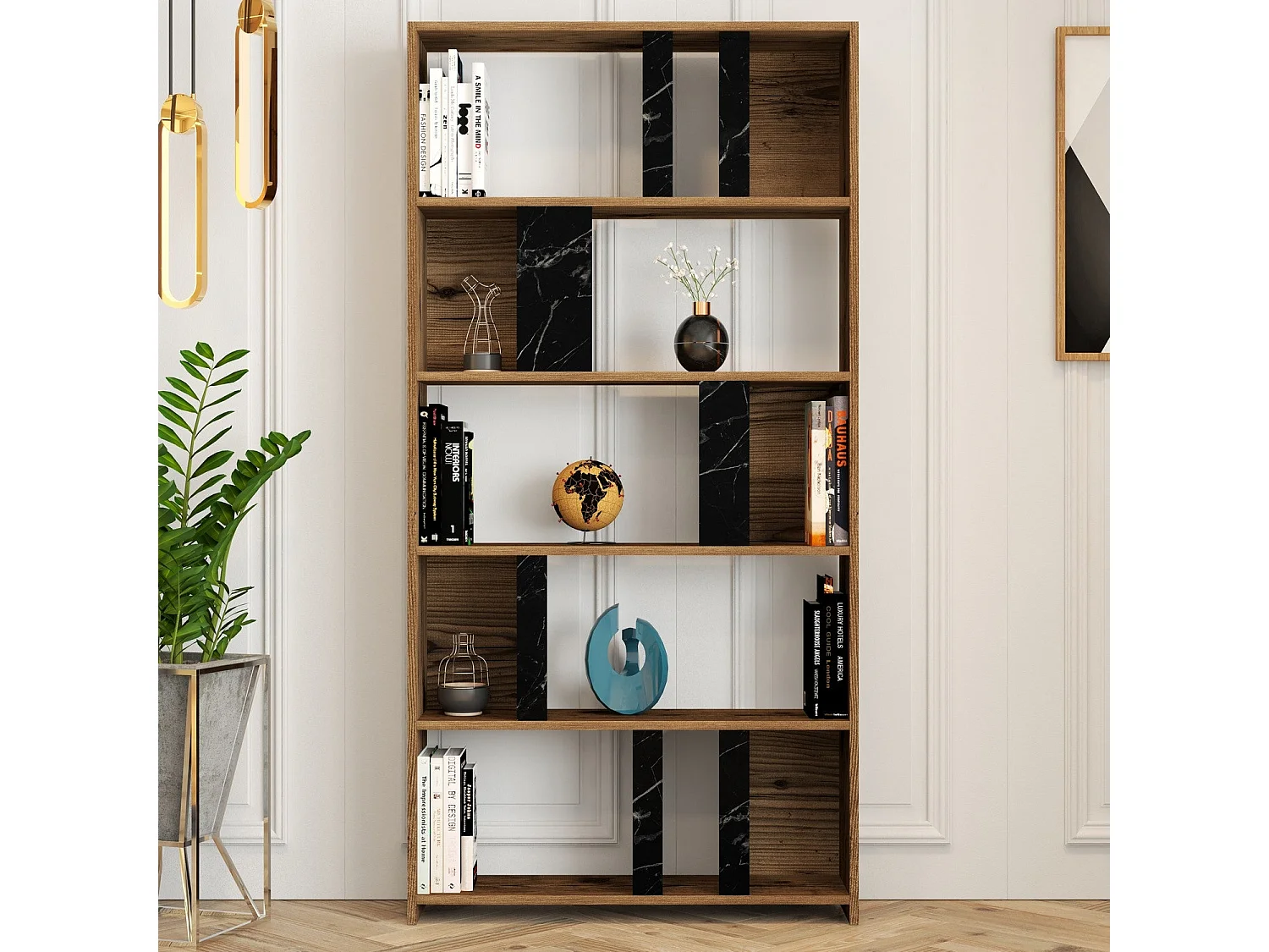 Librería moderna – 90 x 180 x 20 cm – nogal y negro – tablero de partículas revestido de melamina