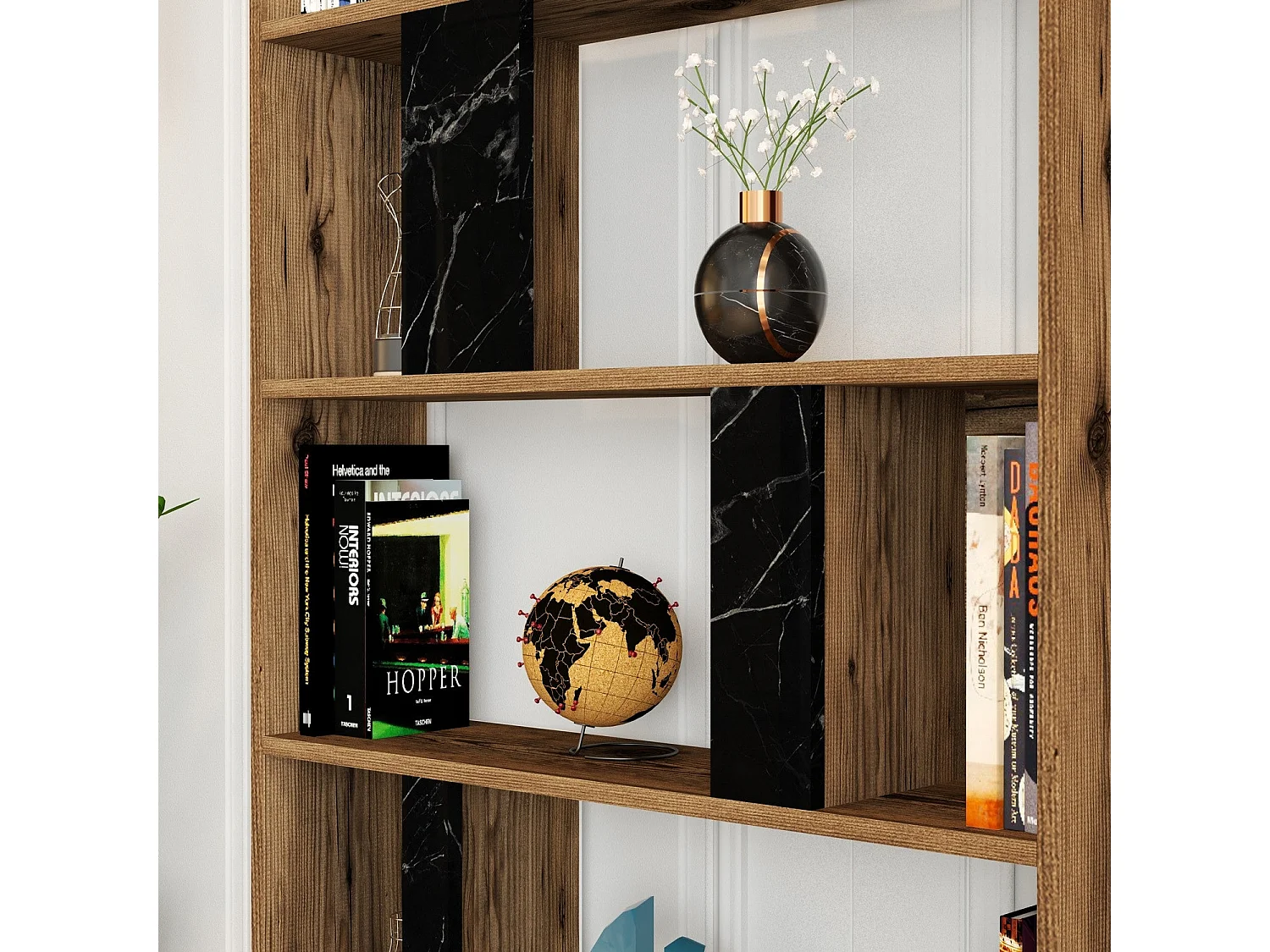 Librería moderna – 90 x 180 x 20 cm – nogal y negro – tablero de partículas revestido de melamina