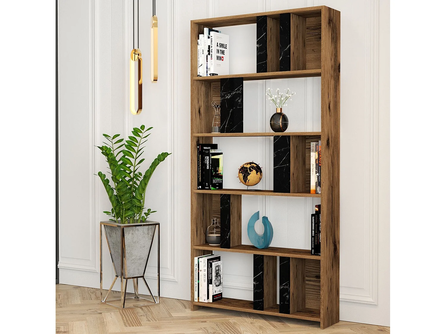 Librería moderna – 90 x 180 x 20 cm – nogal y negro – tablero de partículas revestido de melamina