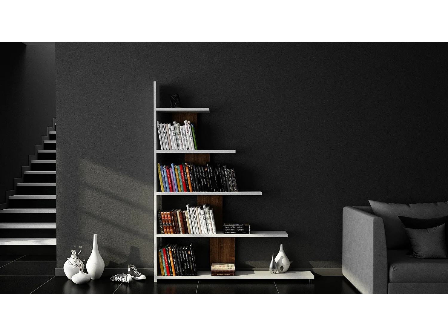 Modernes Bücherregal – 121,8 x 120 x 19,5 cm – Weiß und Walnuss – Melaminbeschichtete Spanplatte