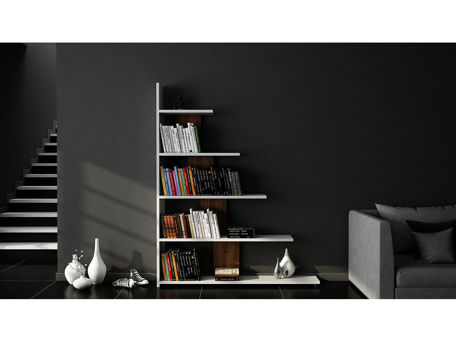 Modernes Bücherregal – 121,8 x 120 x 19,5 cm – Weiß und Walnuss – Melaminbeschichtete Spanplatte